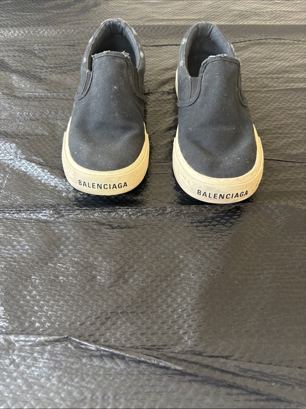 Balenciaga Black Canvas Slip-On Sneakers with Cream Soles